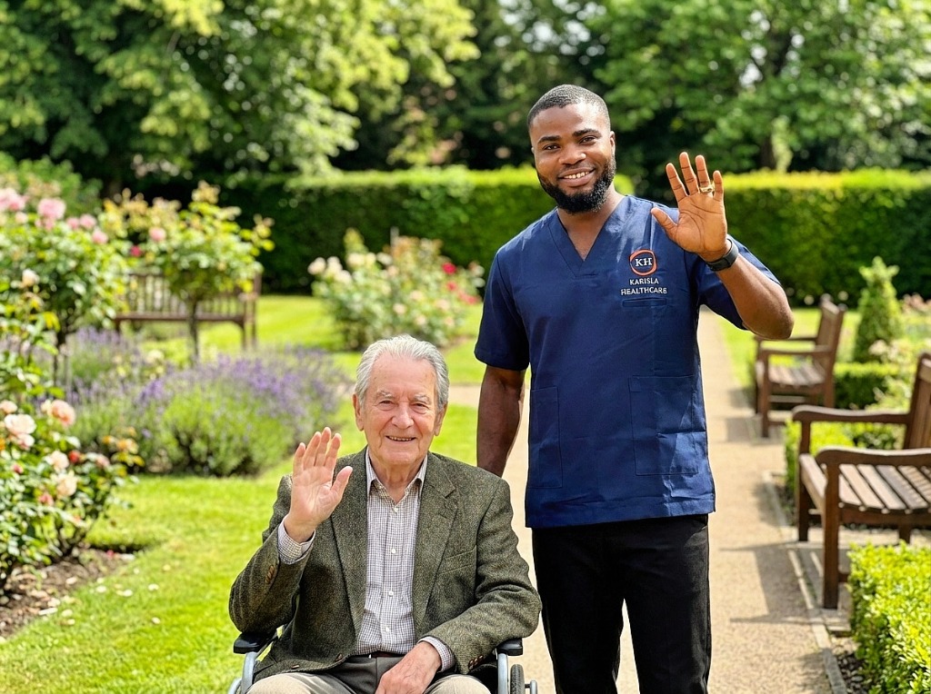 Karisla Healthcare live-in support worker and client enjoying time in the garden